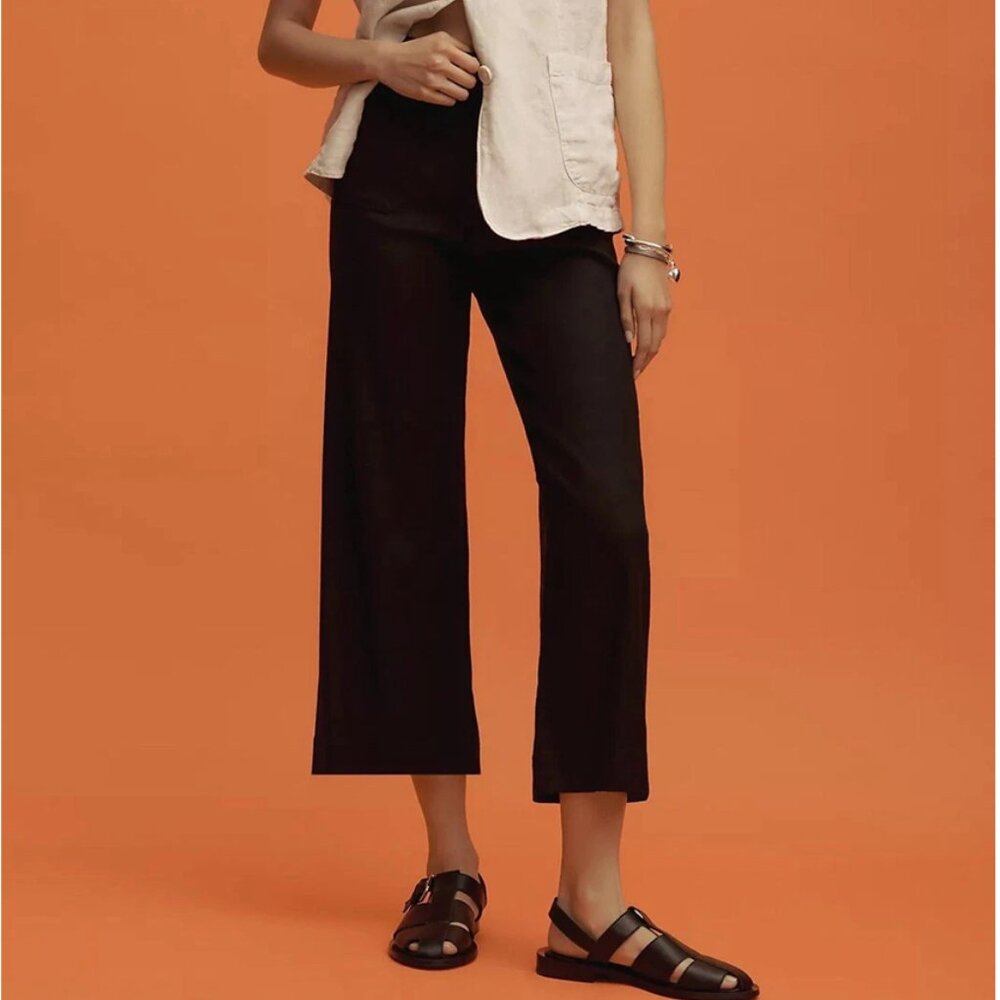 Anthropologie Maeve The Colette Cropped Wide-Leg Trousers Linen Edition Black 28